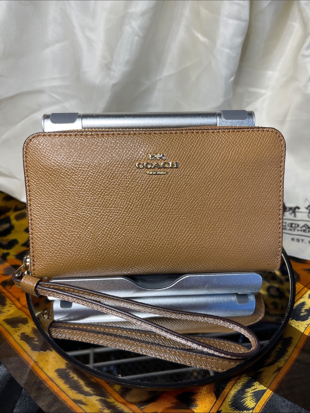 Coach Tan Leather Zip Wristlet with Detachable Strap